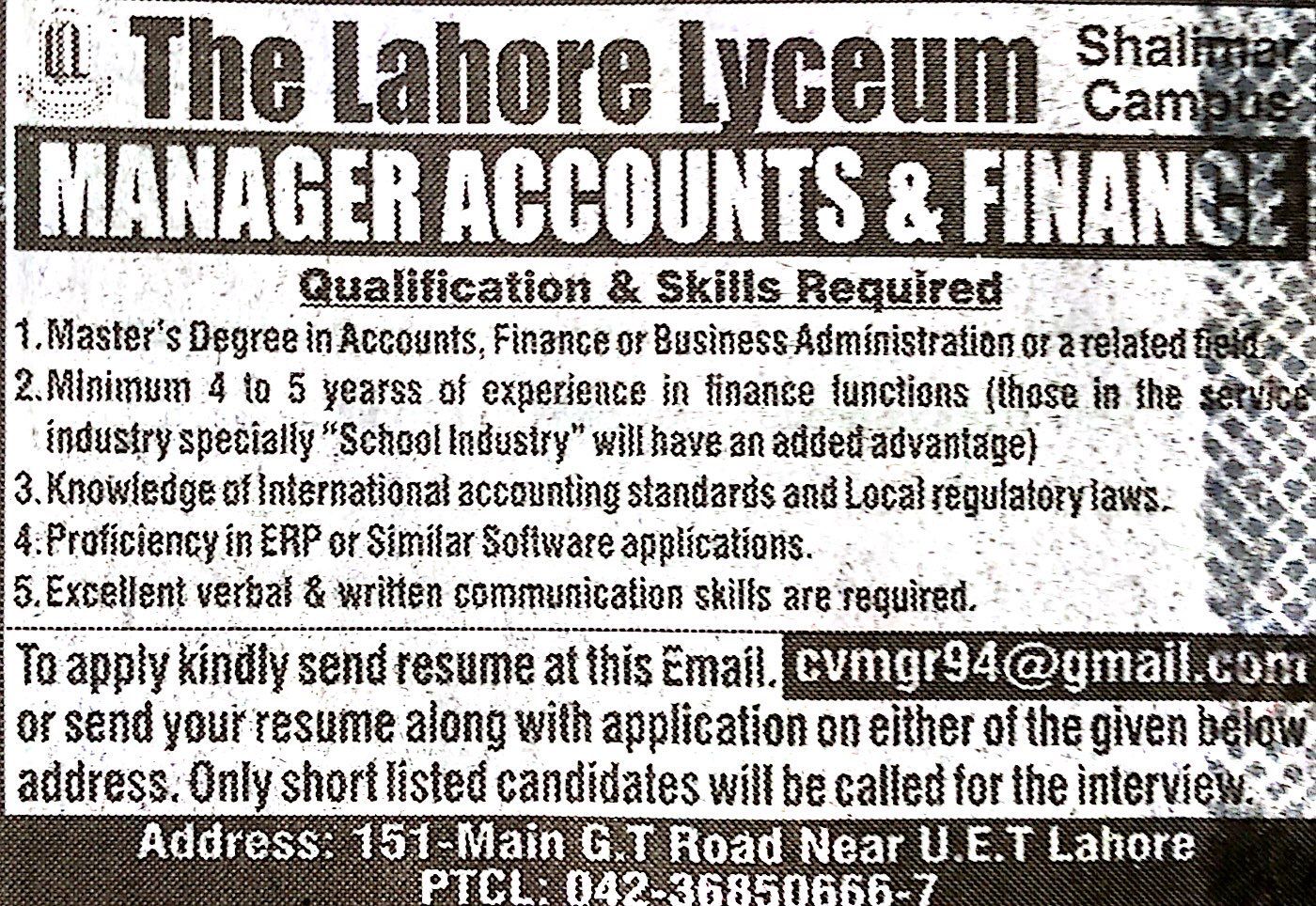 Manager Accounts & Finance